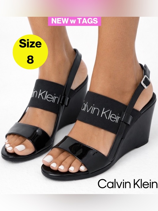 Calvin Klein Shoes - NEW 🖤 CALVIN KLEIN Black Patent Logo Elastic Wedge Sandals (Women’s Size 8)